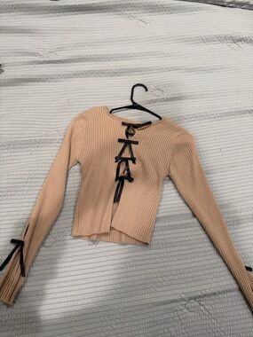 Mystique Boutique Beige Ribbed Lace-Up Long Sleeve Crop Top